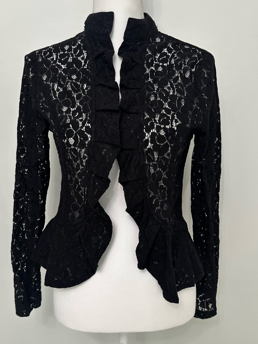 Black Lace Ruffle Open-Front Jacket